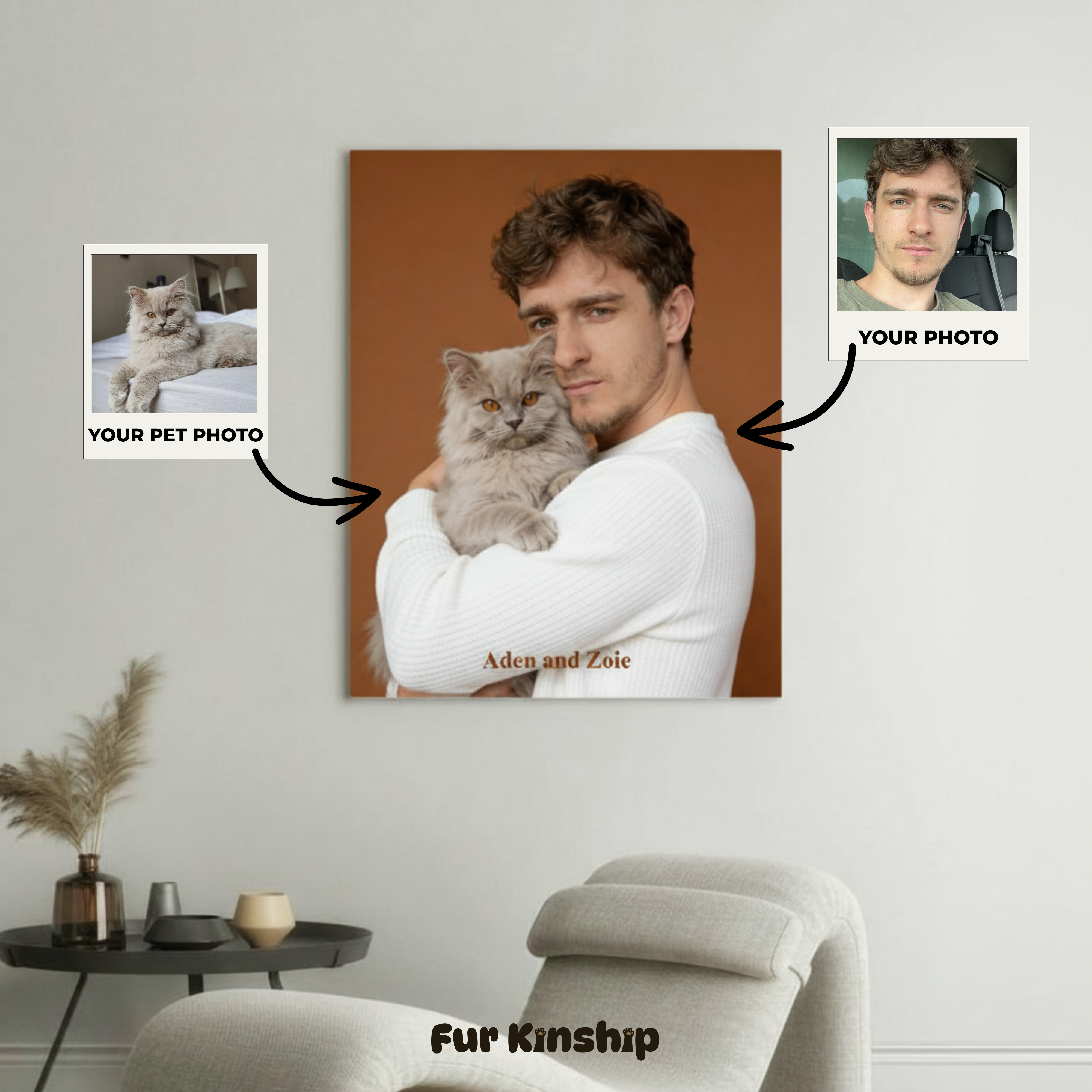 Fur Kinship Custom Pet & Owner Portrait from Photo, Personalized Dog & Cat Portrait Poster Print Wall Art for Pet Lovers (Warm Brown Background) (Frame Not Included)