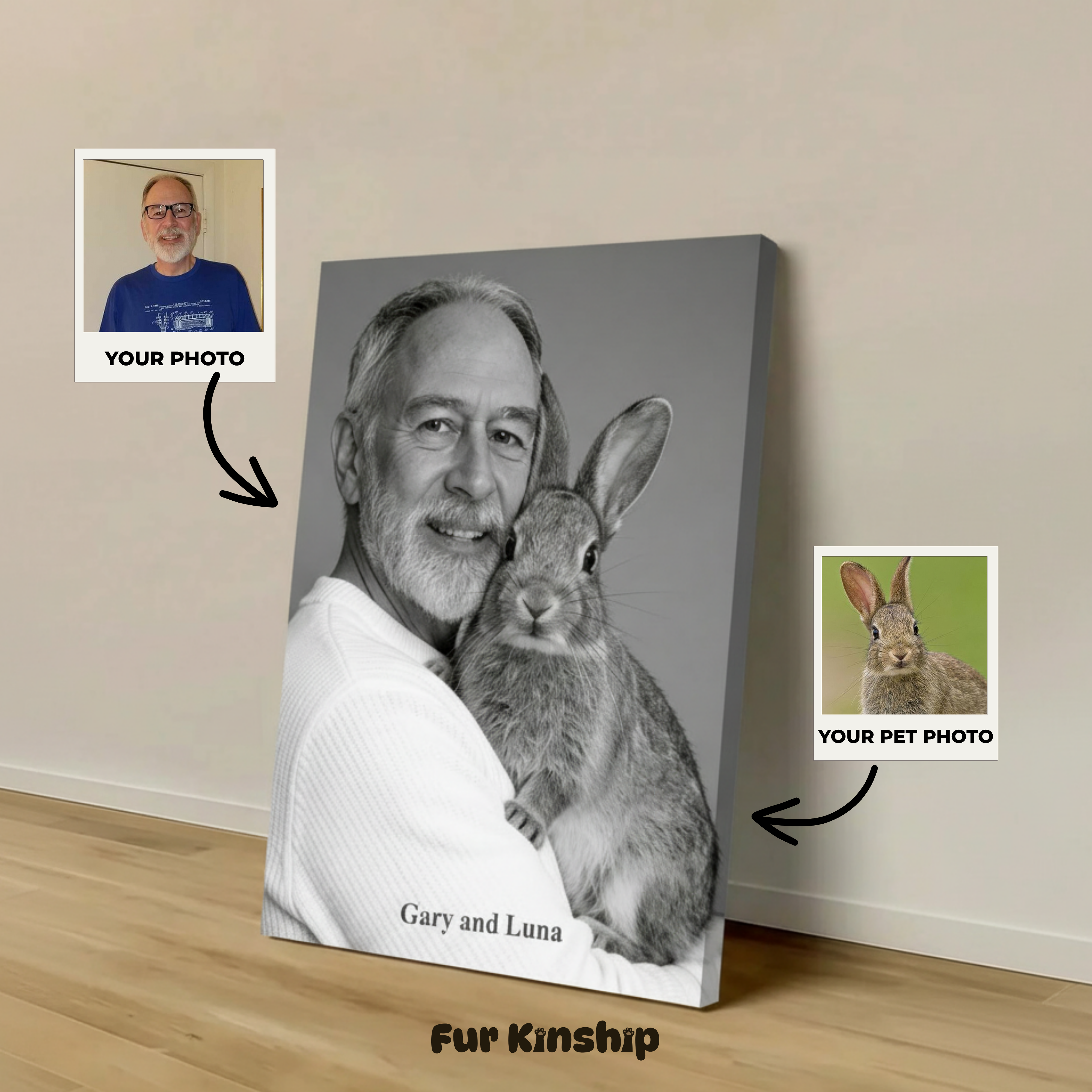 Fur Kinship Custom Black & White Pet & Owner Portrait from Photo, Personalized Dog & Cat Portrait Poster Print Wall Art (Timeless Bond Style)