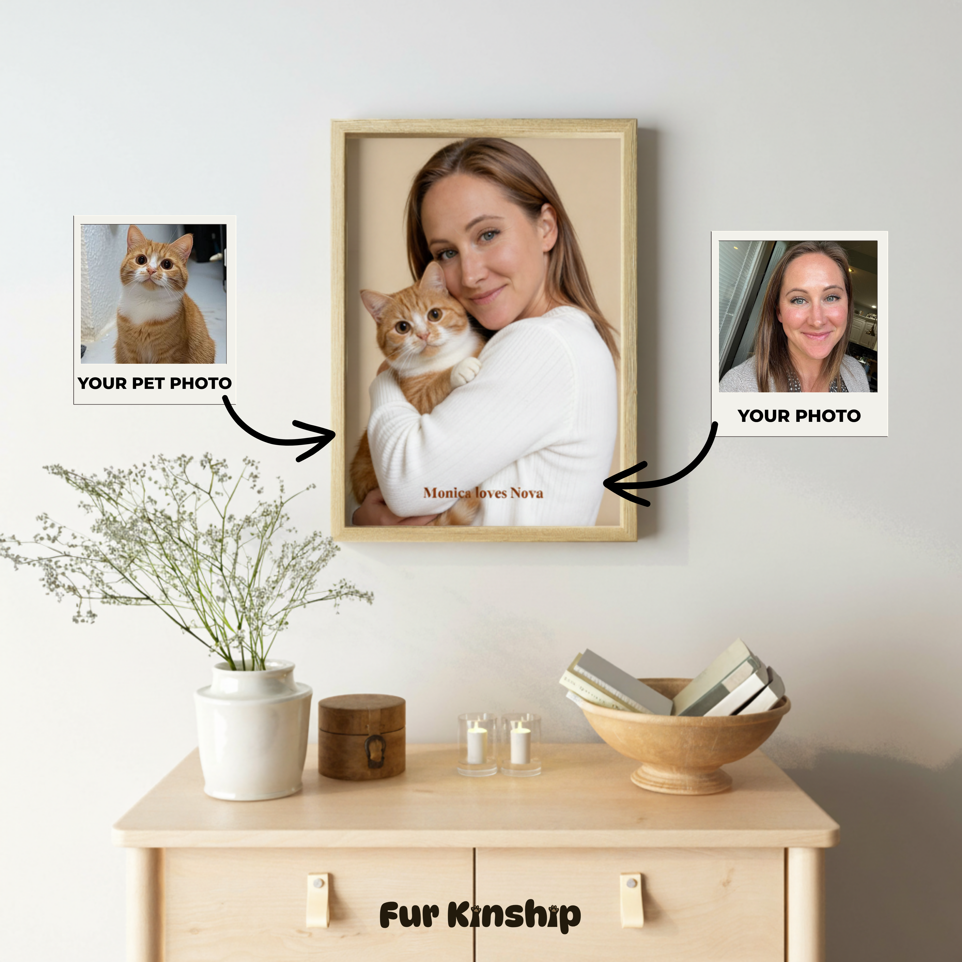 Fur Kinship Custom Pet & Owner Portrait from Photo, Personalized Dog & Cat Portrait Poster Print Wall Art for Pet Lovers (Soft Cream Background) (Frame Not Included)