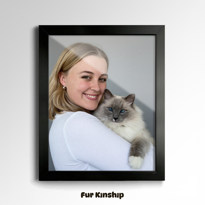 Fur Kinship Custom Pet & Owner Portrait from Photo, Personalized Dog & Cat Portrait Poster Print Wall Art for Pet Lovers (Gentle Gray Background) (Frame Not Included)