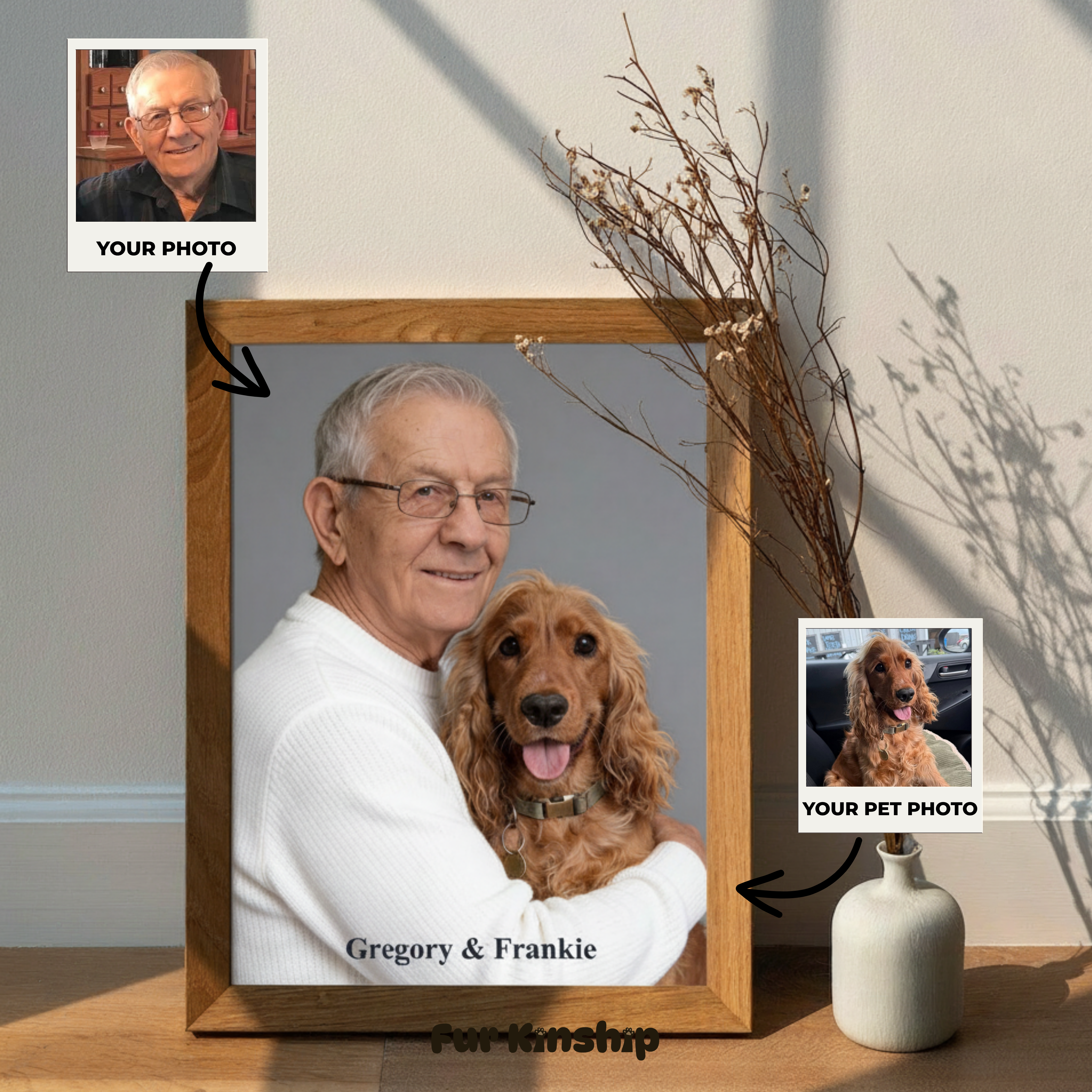 Fur Kinship Custom Pet & Owner Portrait from Photo, Personalized Dog & Cat Portrait Poster Print Wall Art for Pet Lovers (Gentle Gray Background) (Frame Not Included)
