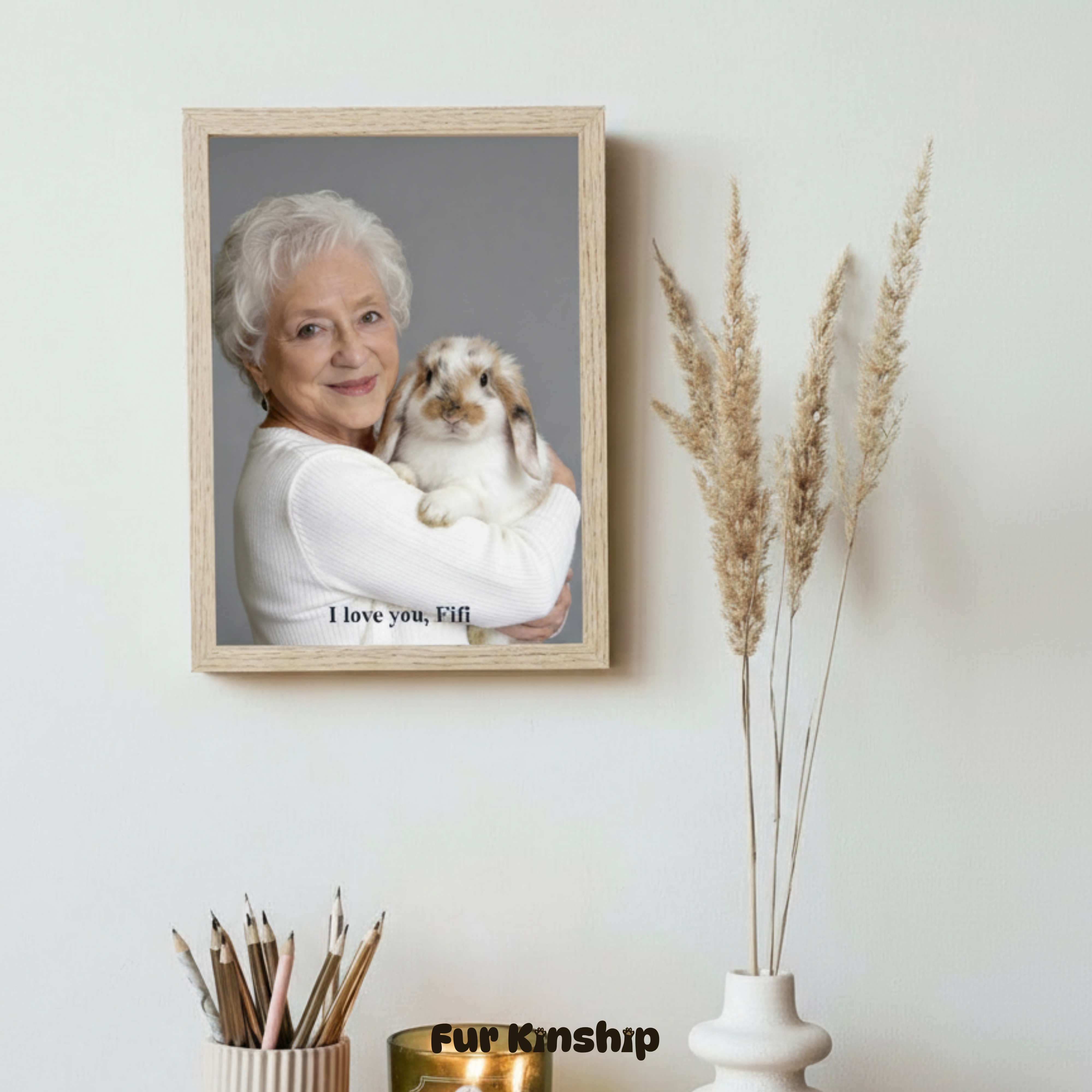 Fur Kinship Custom Pet & Owner Portrait from Photo, Personalized Dog & Cat Portrait Poster Print Wall Art for Pet Lovers (Gentle Gray Background) (Frame Not Included)