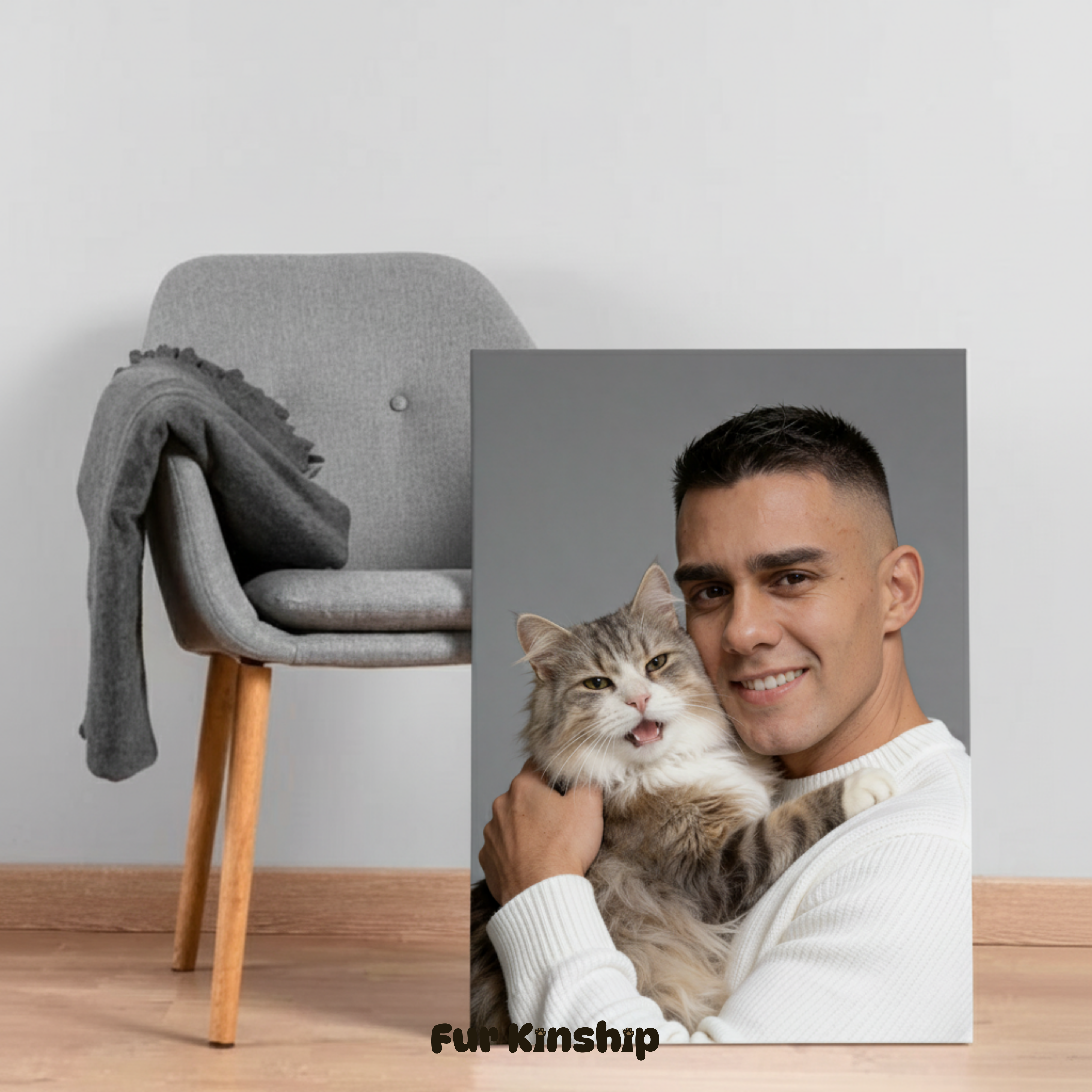 Fur Kinship Custom Pet & Owner Portrait from Photo, Personalized Dog & Cat Portrait Poster Print Wall Art for Pet Lovers (Gentle Gray Background) (Frame Not Included)