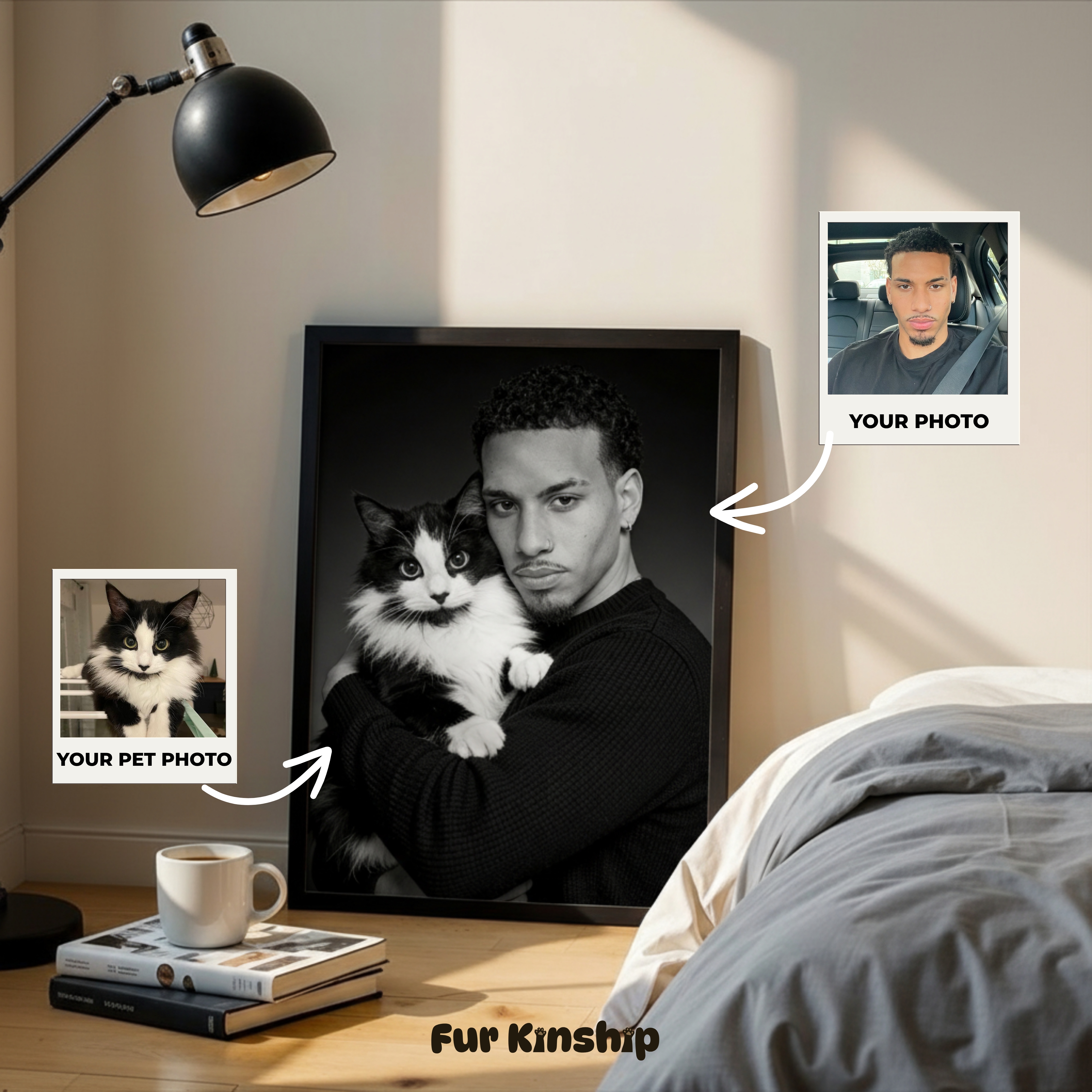 Fur Kinship Custom Black & White Pet & Owner Portrait from Photo, Personalized Dog & Cat Portrait Poster Print Wall Art (Vintage Classic Style) (Frame Not Included)