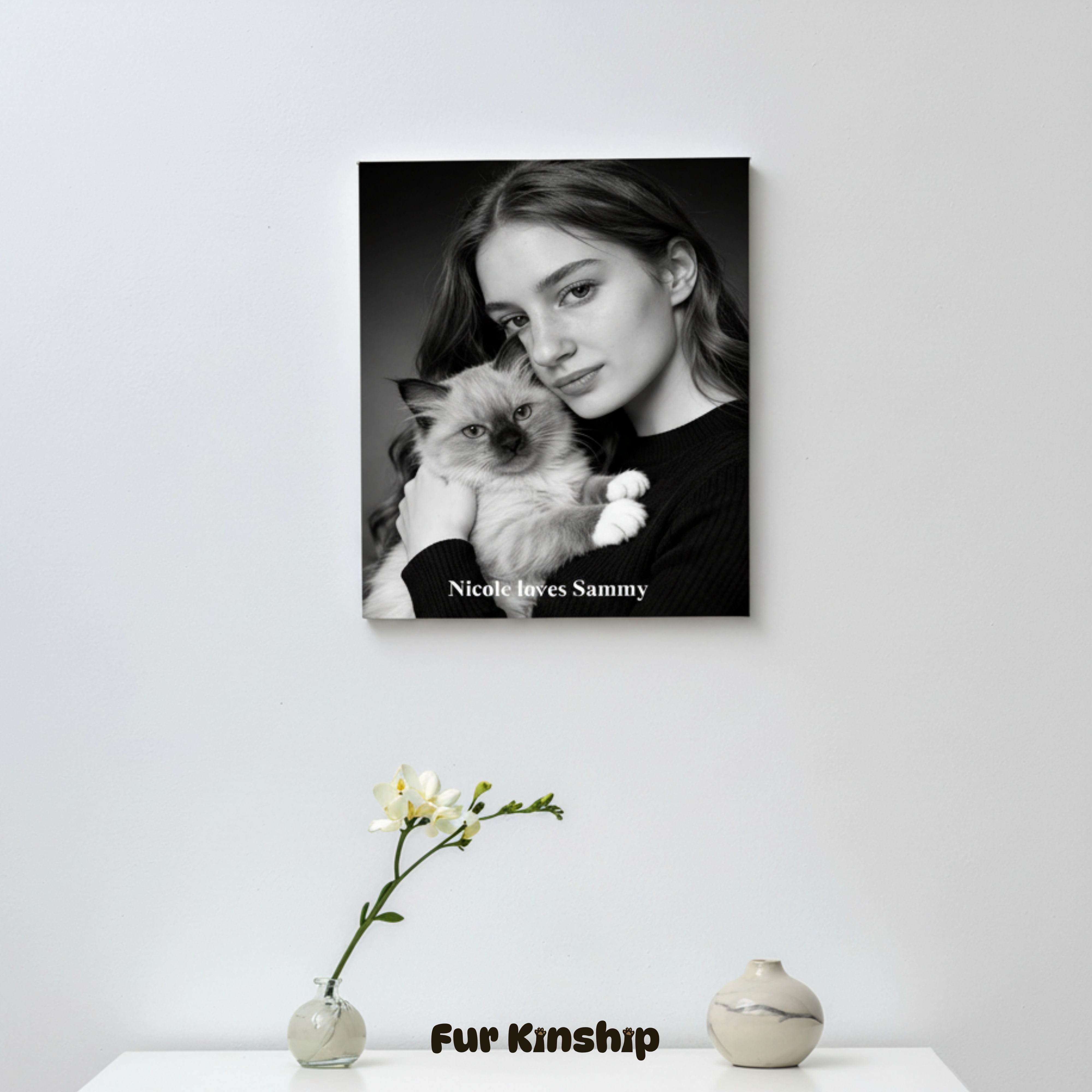 Fur Kinship Custom Black & White Pet & Owner Portrait from Photo, Personalized Dog & Cat Portrait Poster Print Wall Art (Vintage Classic Style) (Frame Not Included)
