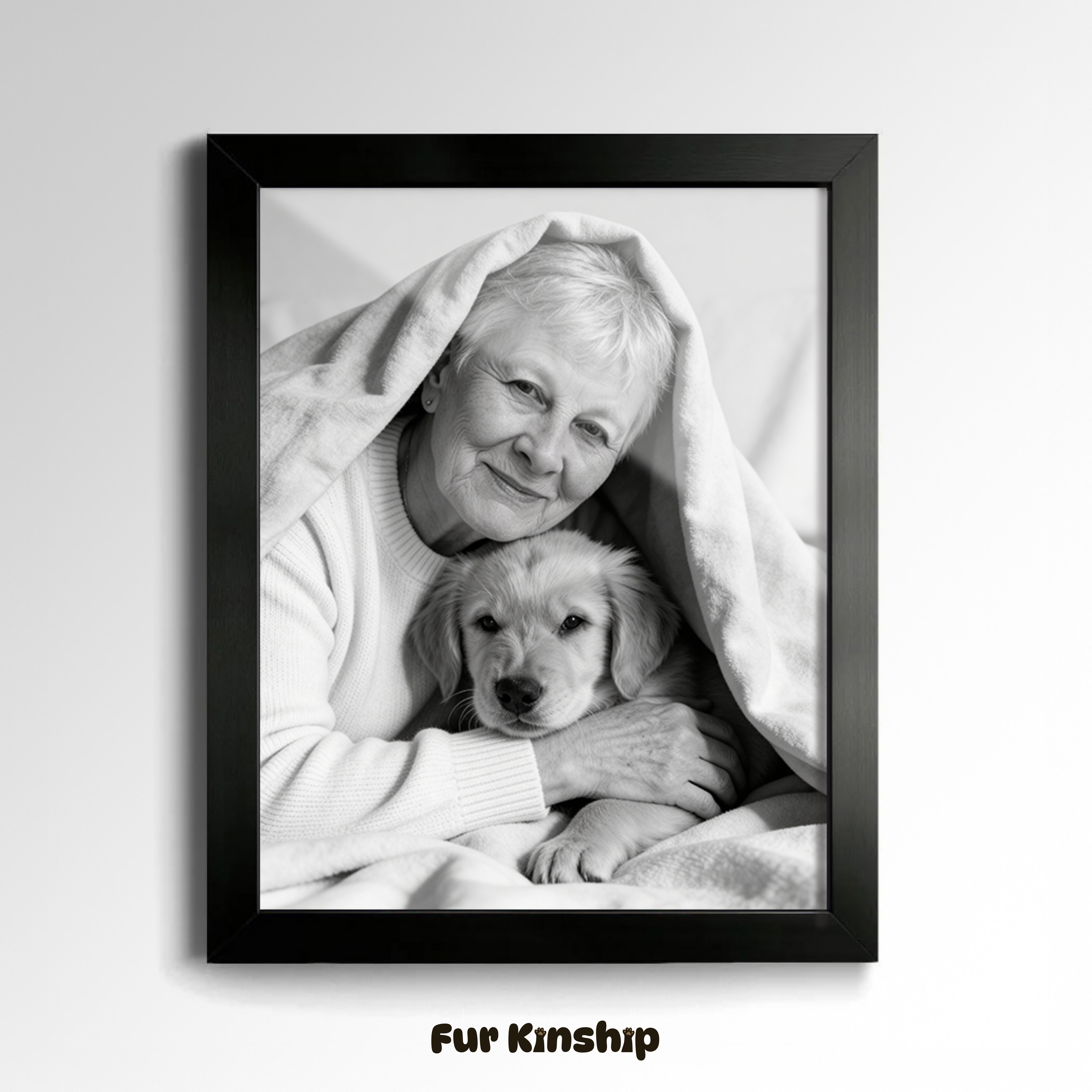Fur Kinship Custom Black & White Pet & Owner Portrait from Photo, Personalized Dog & Cat Portrait Poster Print Wall Art (Cozy Comfort Style) (Frame Not Included)