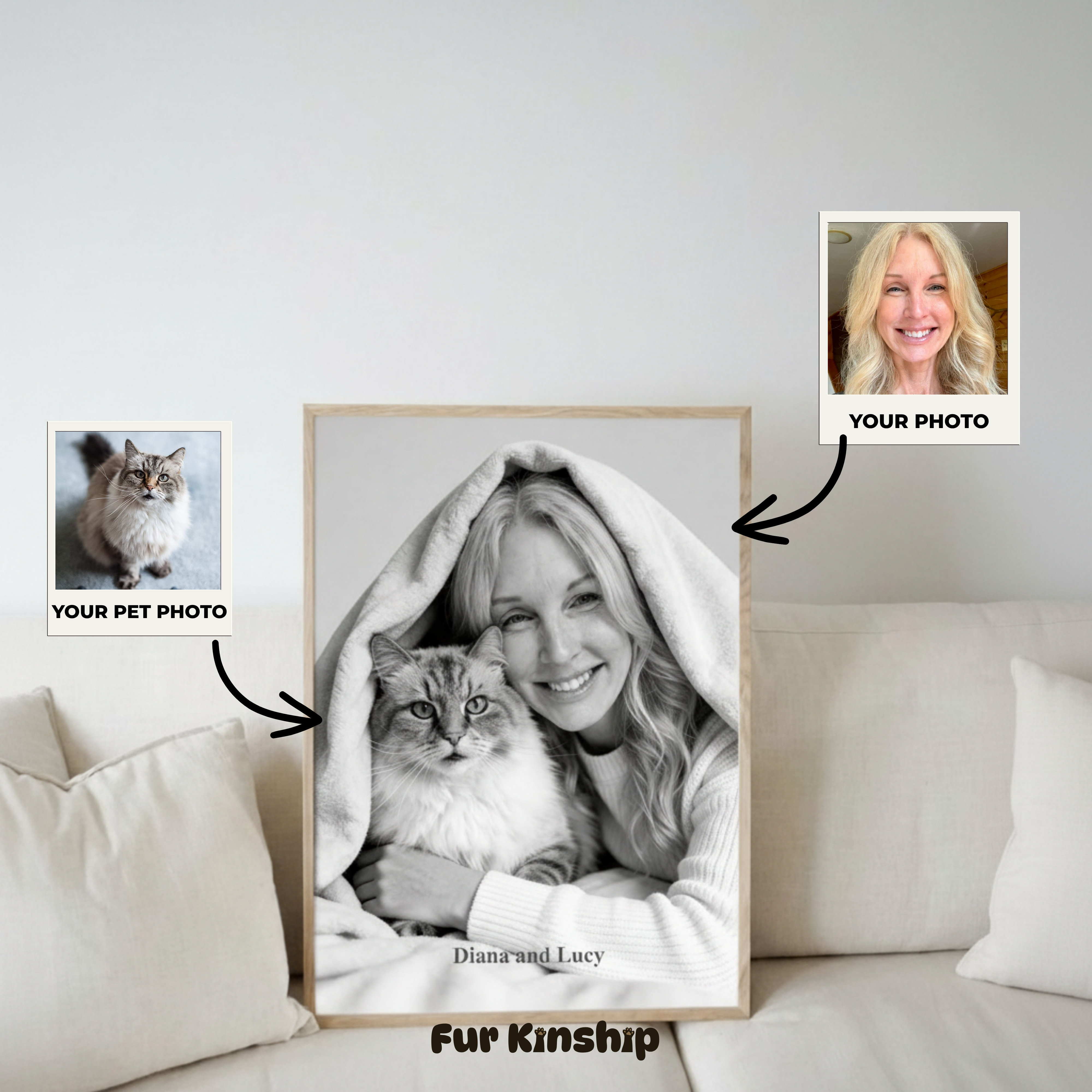 Fur Kinship Custom Black & White Pet & Owner Portrait from Photo, Personalized Dog & Cat Portrait Poster Print Wall Art (Cozy Comfort Style) (Frame Not Included)