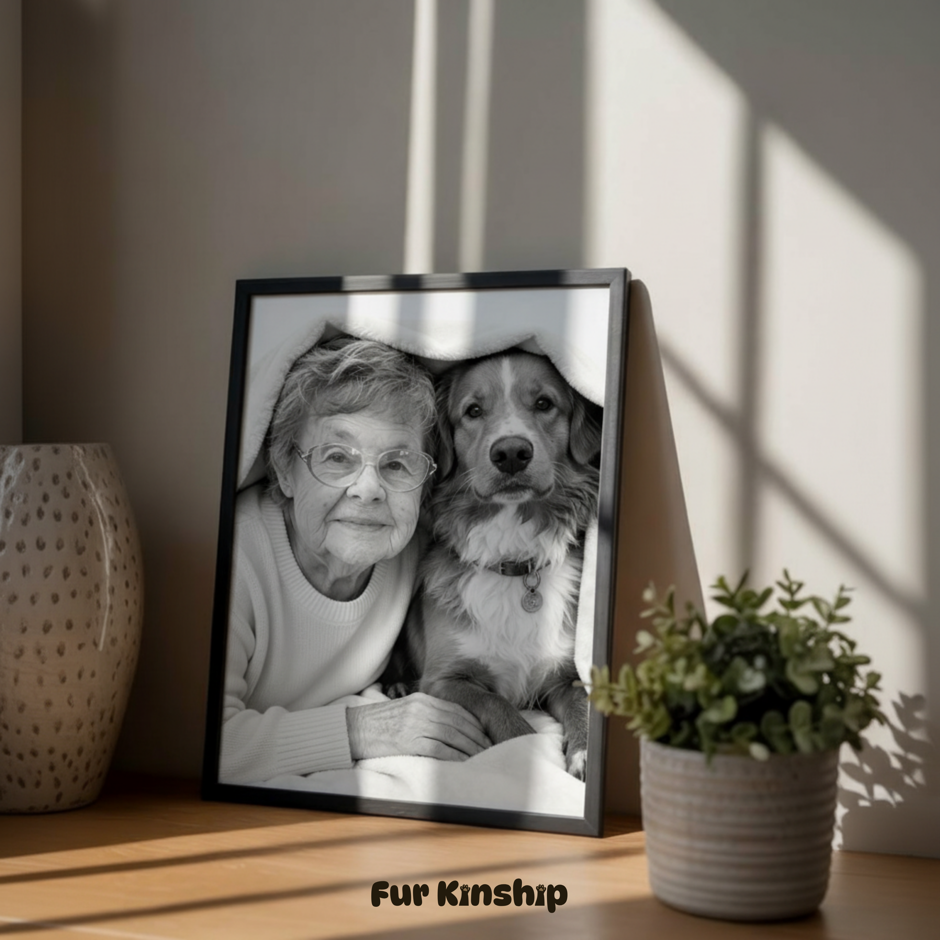 Fur Kinship Custom Black & White Pet & Owner Portrait from Photo, Personalized Dog & Cat Portrait Poster Print Wall Art (Cozy Comfort Style) (Frame Not Included)