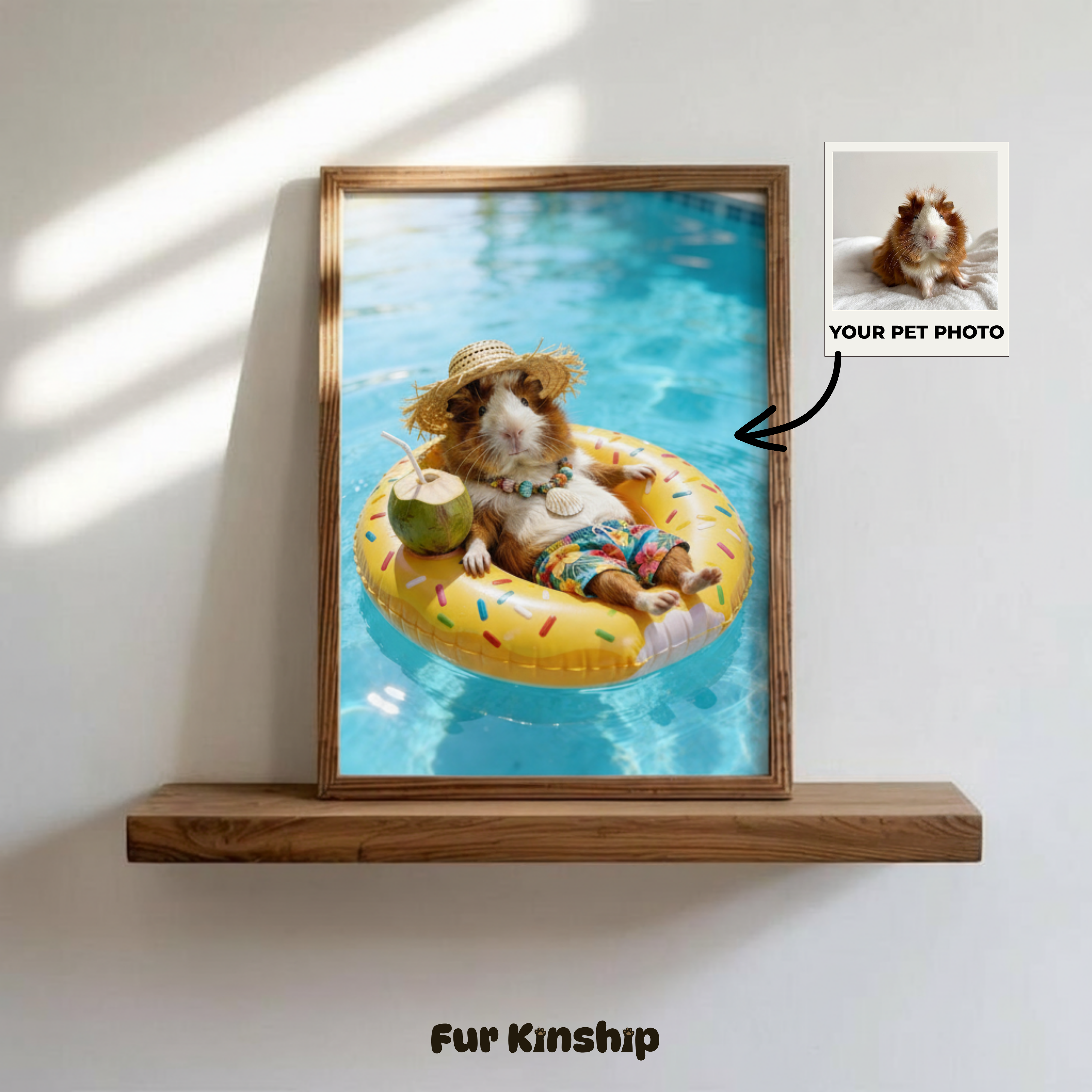 Fur Kinship Custom Summer Pet Portrait from Photo, Personalized Dog & Cat Portrait Poster Print Wall Art for Pet Lovers (Yellow Donut) (Frame Not Included)