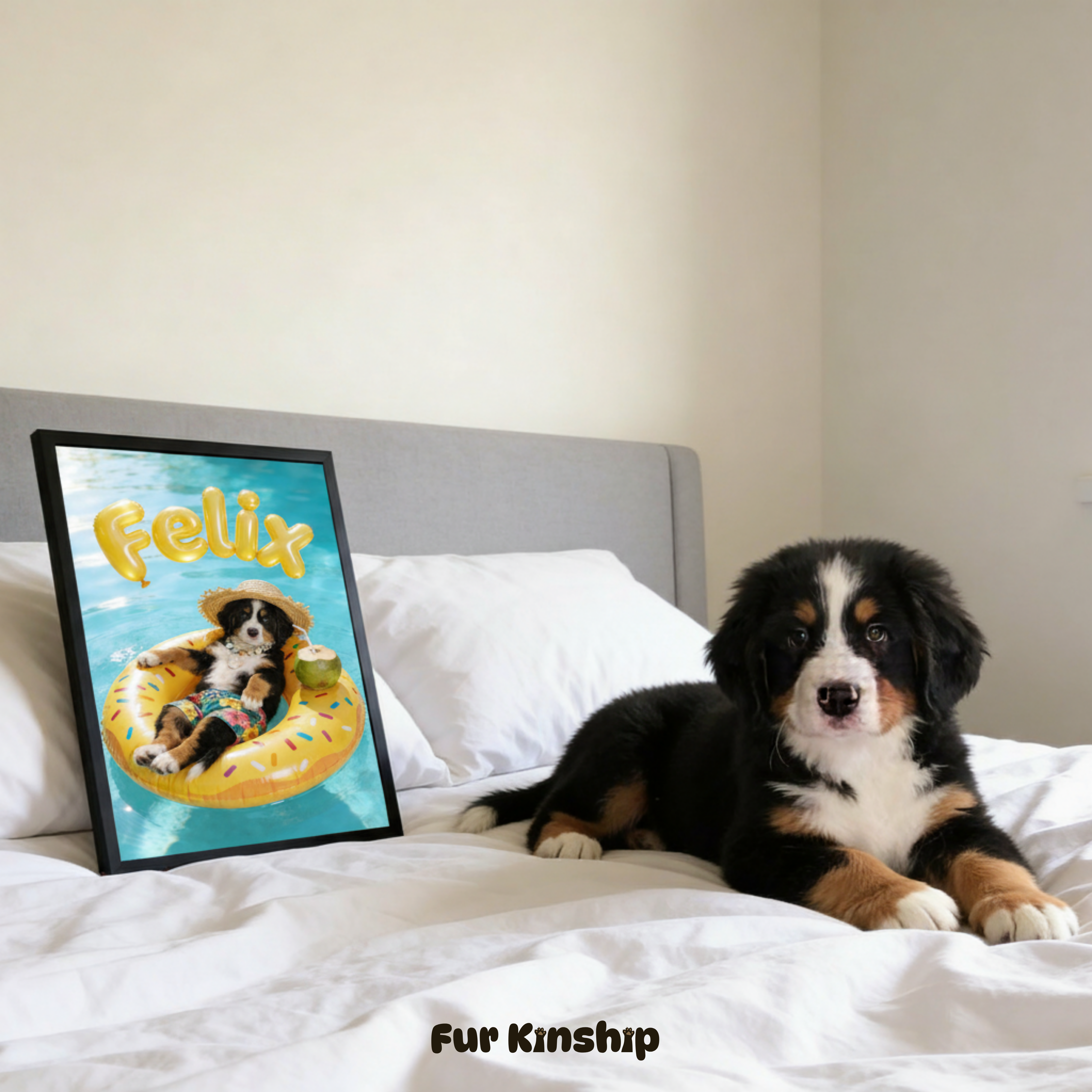Fur Kinship Custom Summer Pet Portrait from Photo, Personalized Dog & Cat Portrait Poster Print Wall Art for Pet Lovers (Yellow Donut) (Frame Not Included)