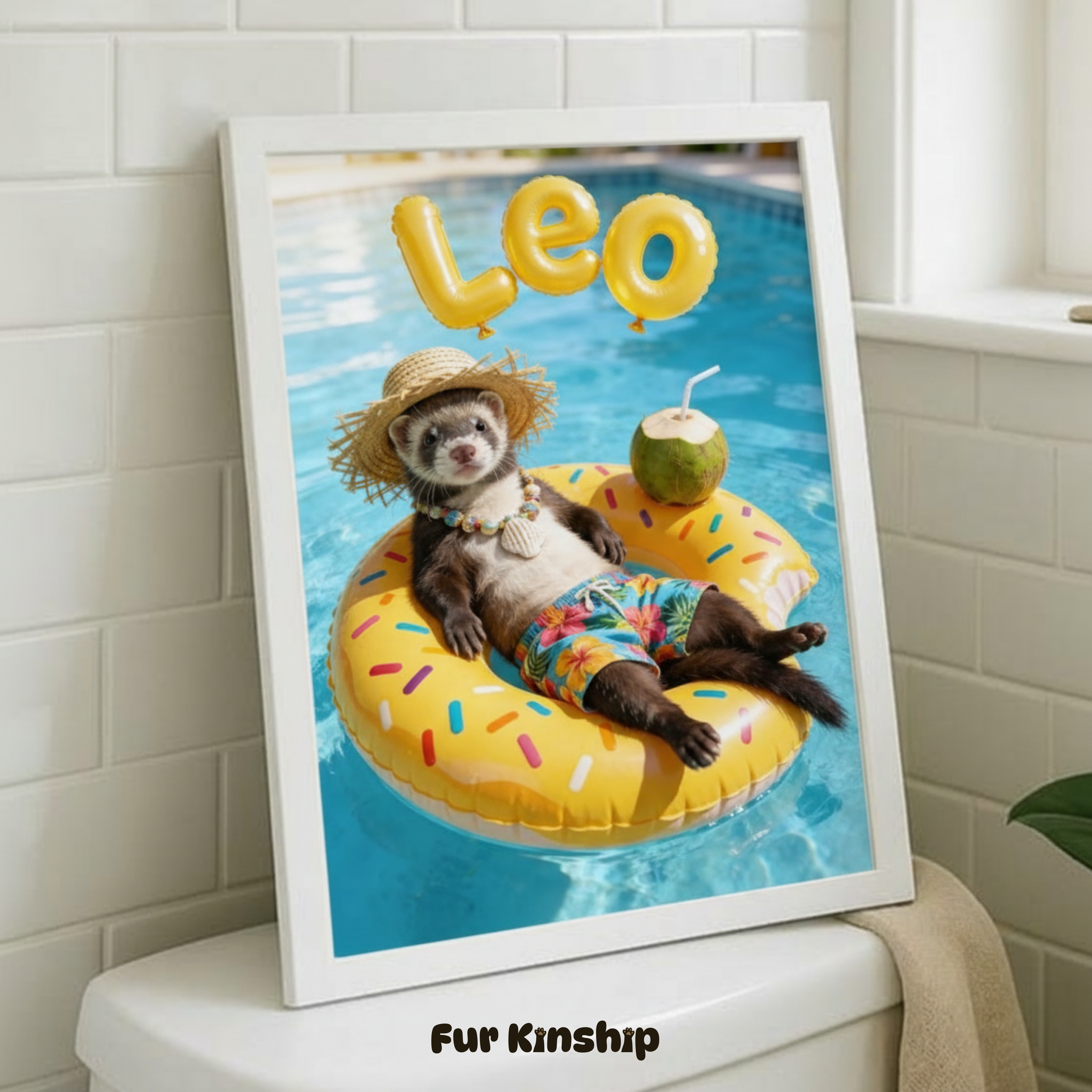 Fur Kinship Custom Summer Pet Portrait from Photo, Personalized Dog & Cat Portrait Poster Print Wall Art for Pet Lovers (Yellow Donut) (Frame Not Included)