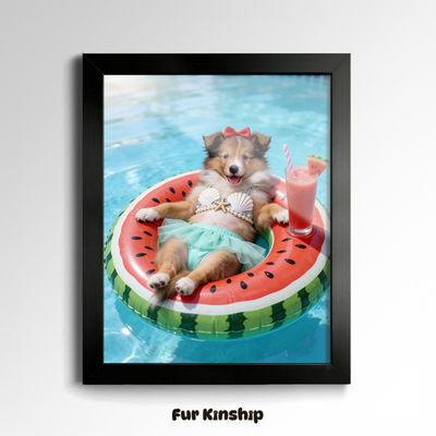 Fur Kinship Custom Summer Pet Portrait from Photo, Personalized Dog & Cat Portrait Poster Print Wall Art for Pet Lovers (Red Watermelon) (Frame Not Included)