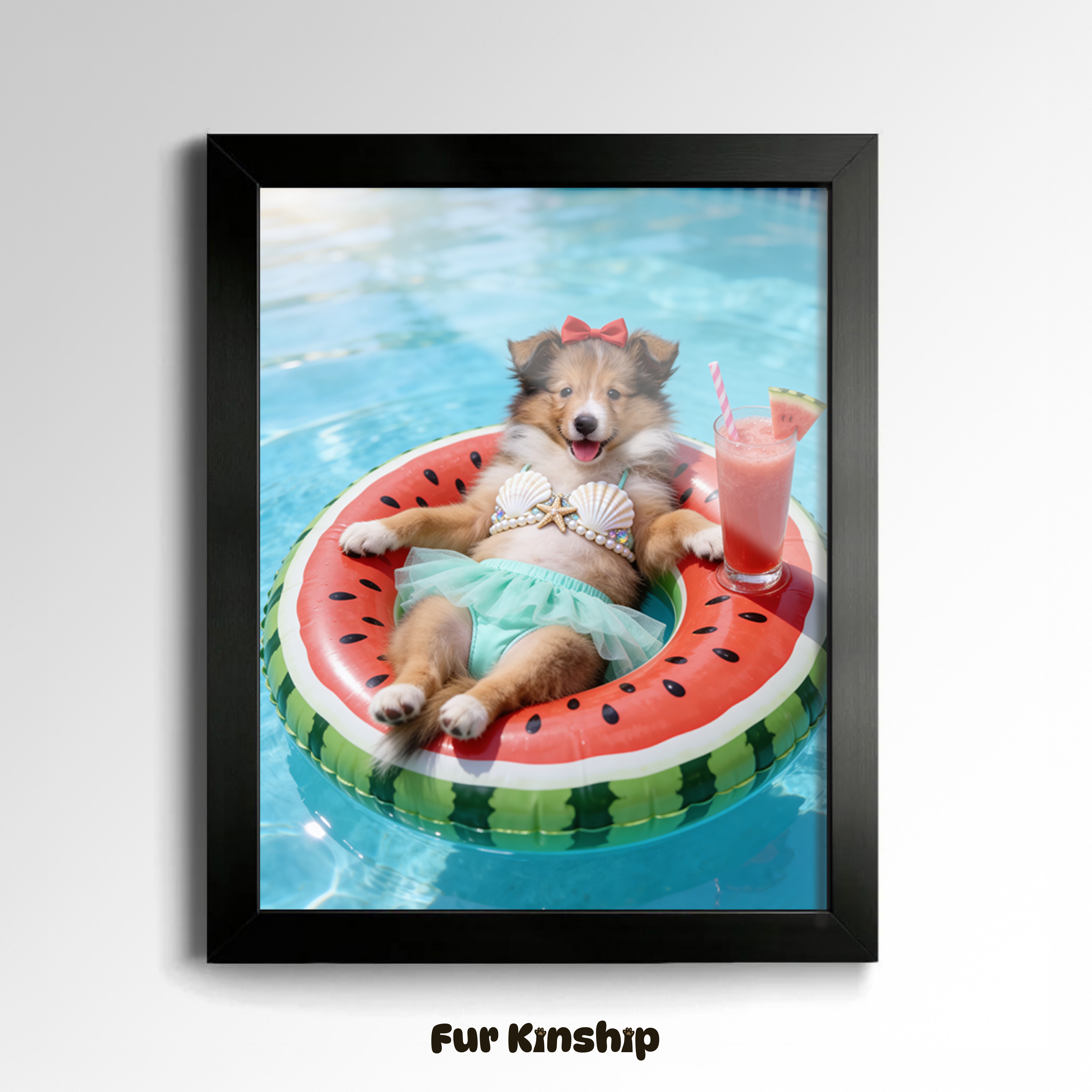 Fur Kinship Custom Summer Pet Portrait from Photo, Personalized Dog & Cat Portrait Poster Print Wall Art for Pet Lovers (Red Watermelon) (Frame Not Included)