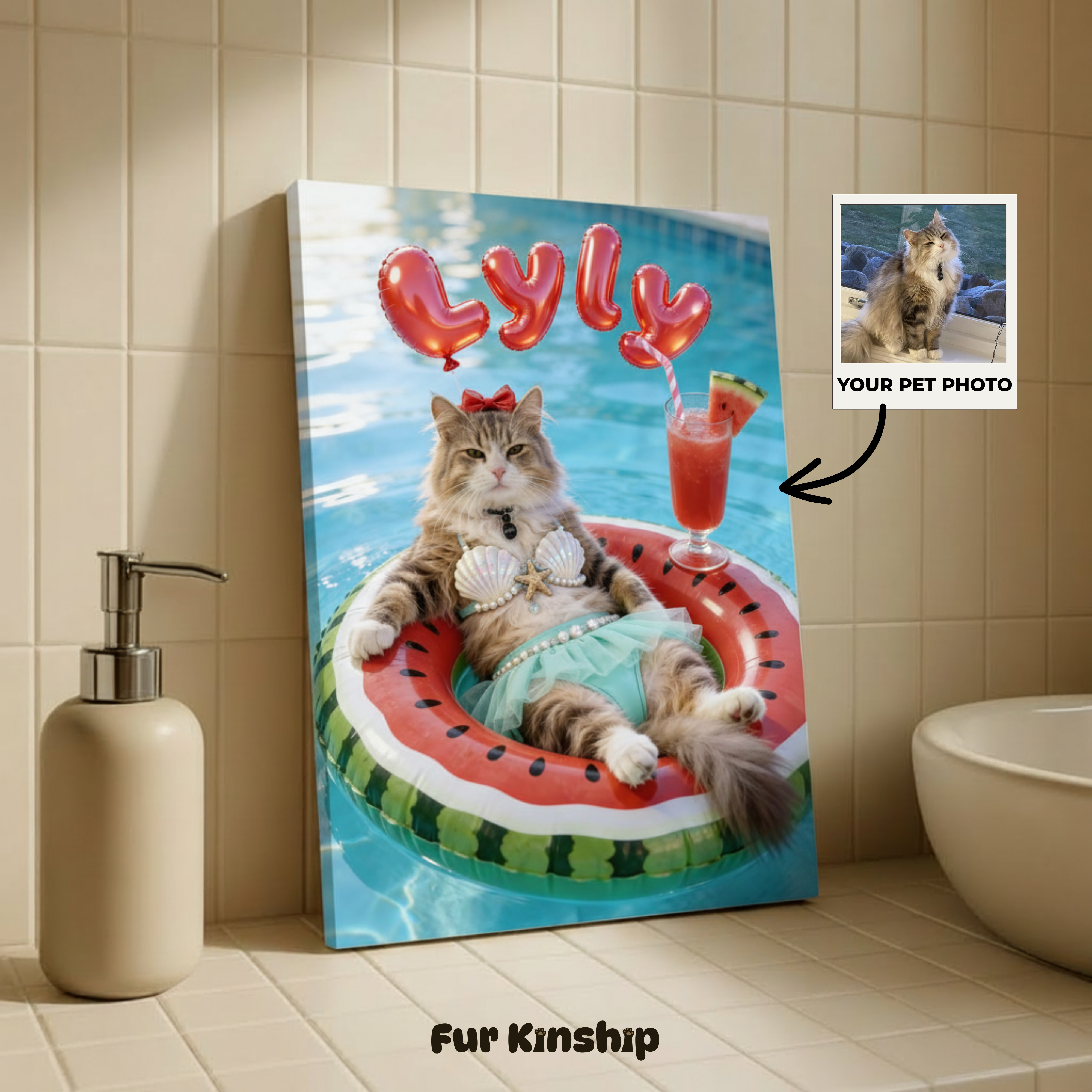 Fur Kinship Custom Summer Pet Portrait from Photo, Personalized Dog & Cat Portrait Poster Print Wall Art for Pet Lovers (Red Watermelon) (Frame Not Included)