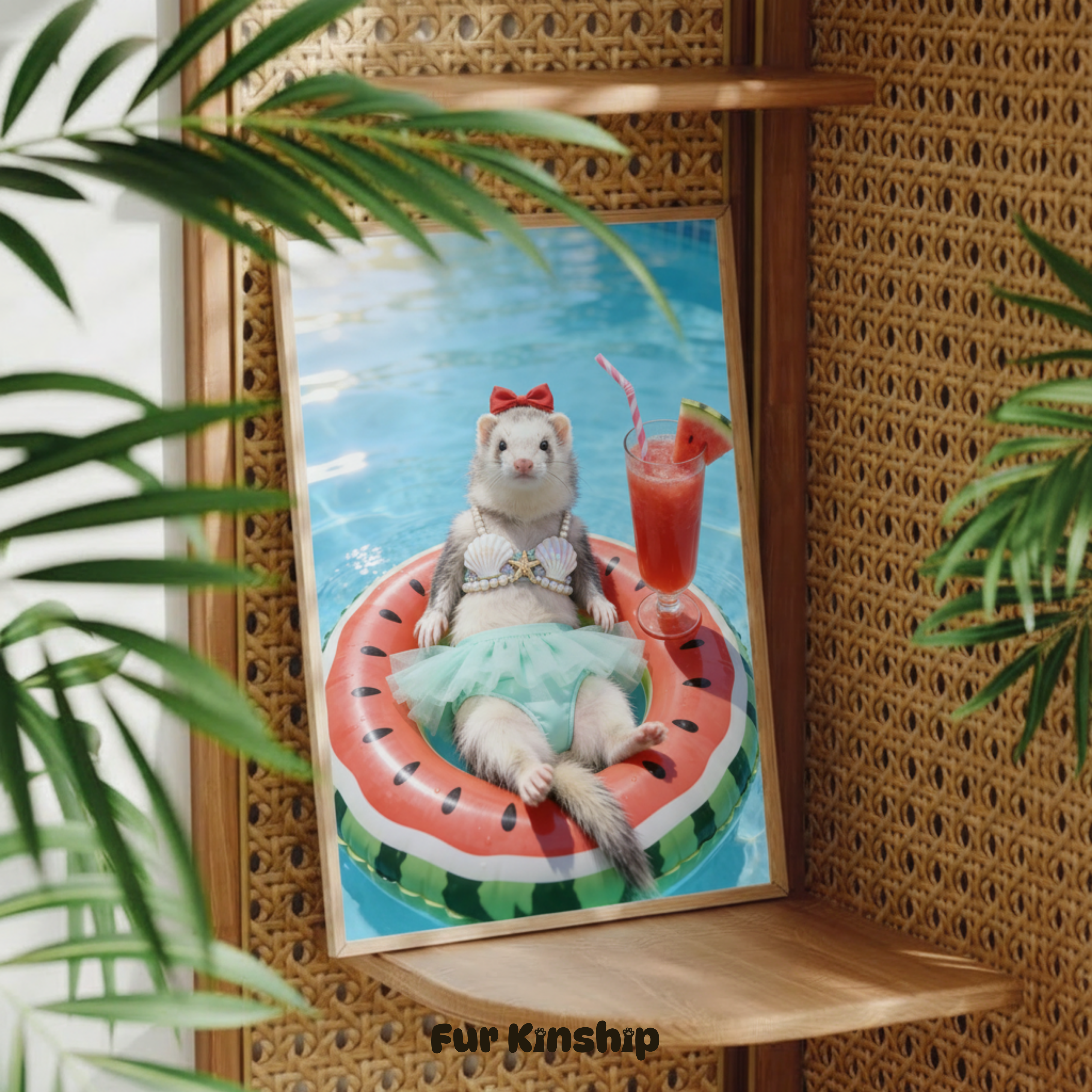 Fur Kinship Custom Summer Pet Portrait from Photo, Personalized Dog & Cat Portrait Poster Print Wall Art for Pet Lovers (Red Watermelon) (Frame Not Included)