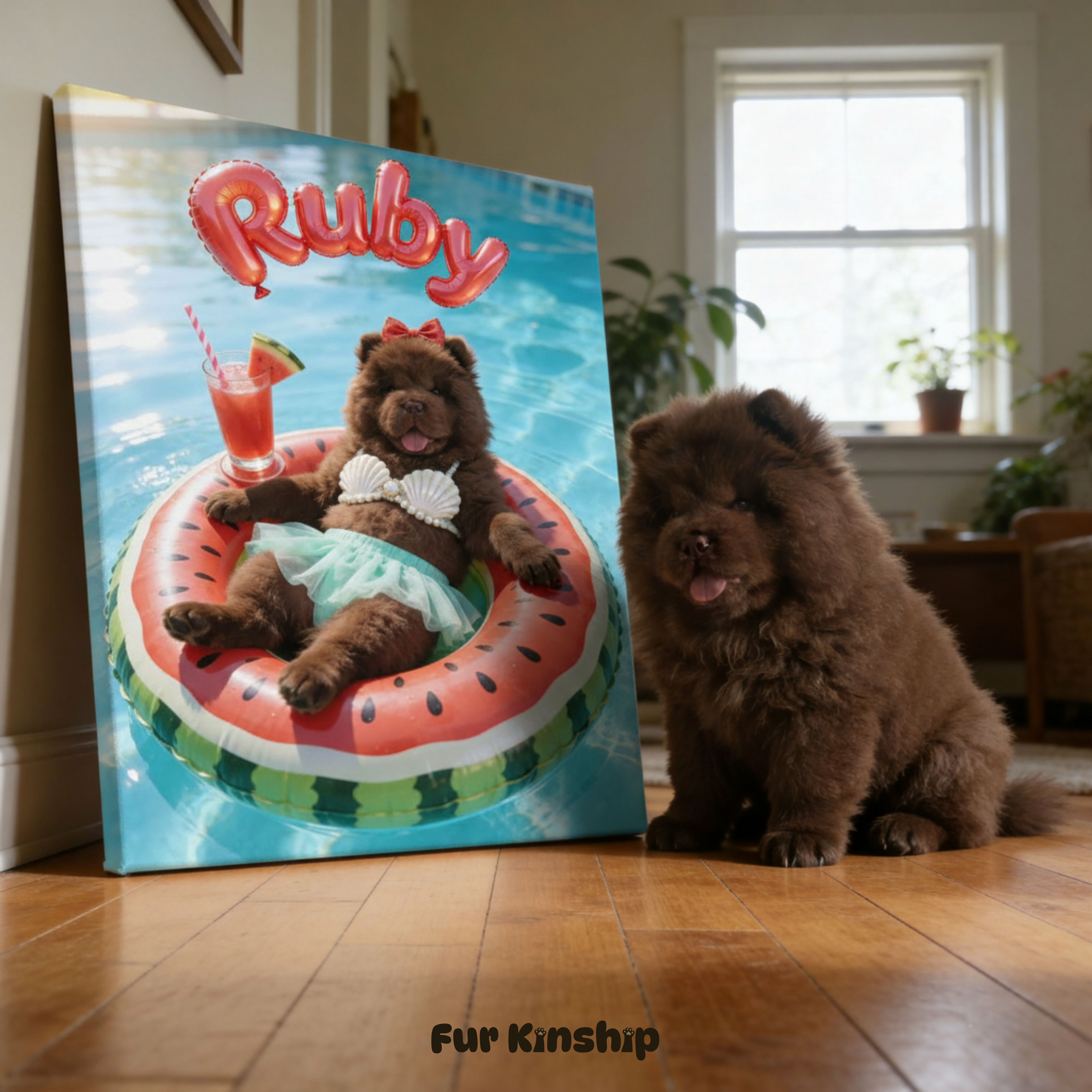 Fur Kinship Custom Summer Pet Portrait from Photo, Personalized Dog & Cat Portrait Poster Print Wall Art for Pet Lovers (Red Watermelon) (Frame Not Included)