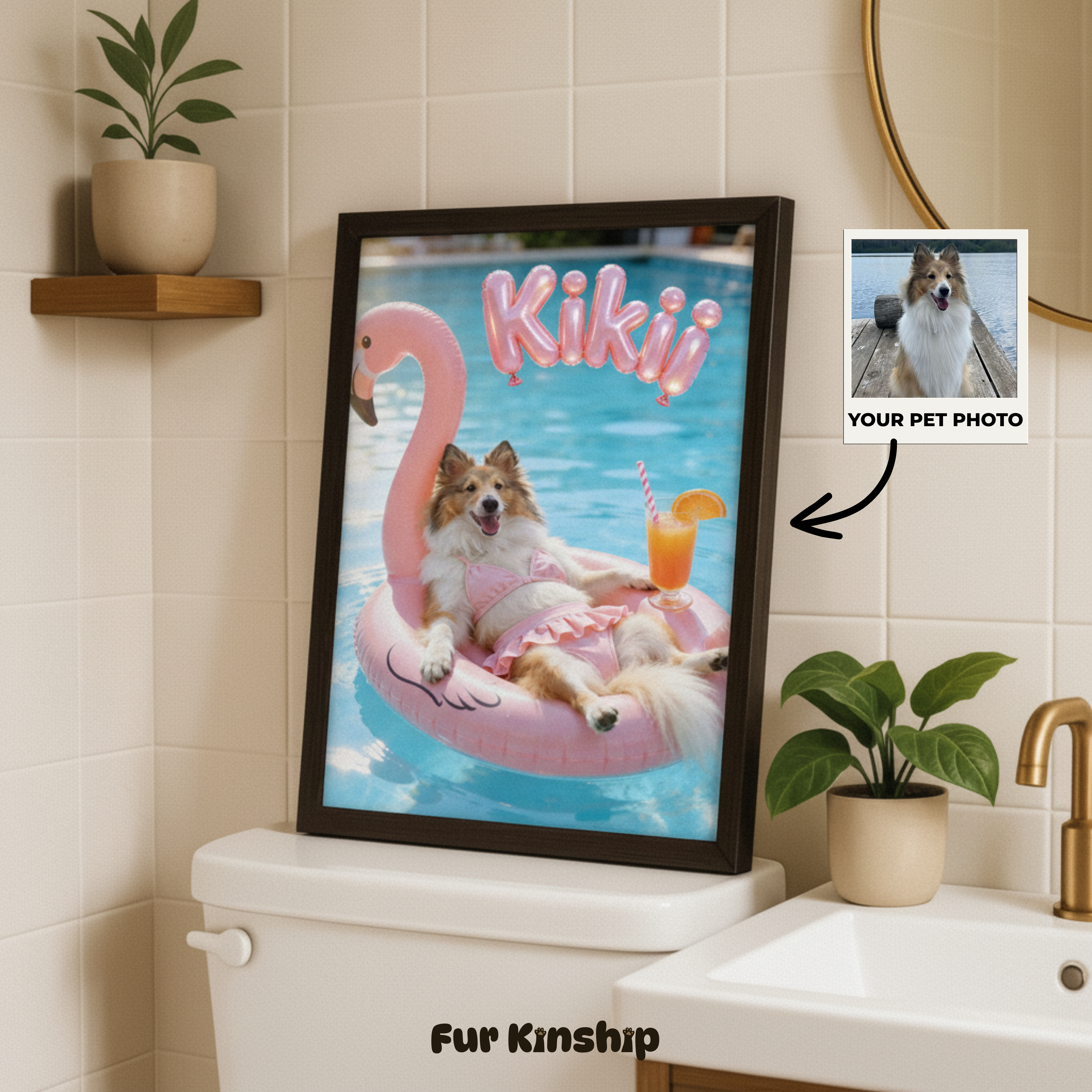 Fur Kinship Custom Summer Pet Portrait from Photo, Personalized Dog & Cat Portrait Poster Print Wall Art for Pet Lovers (Pink Flamingo) (Frame Not Included)