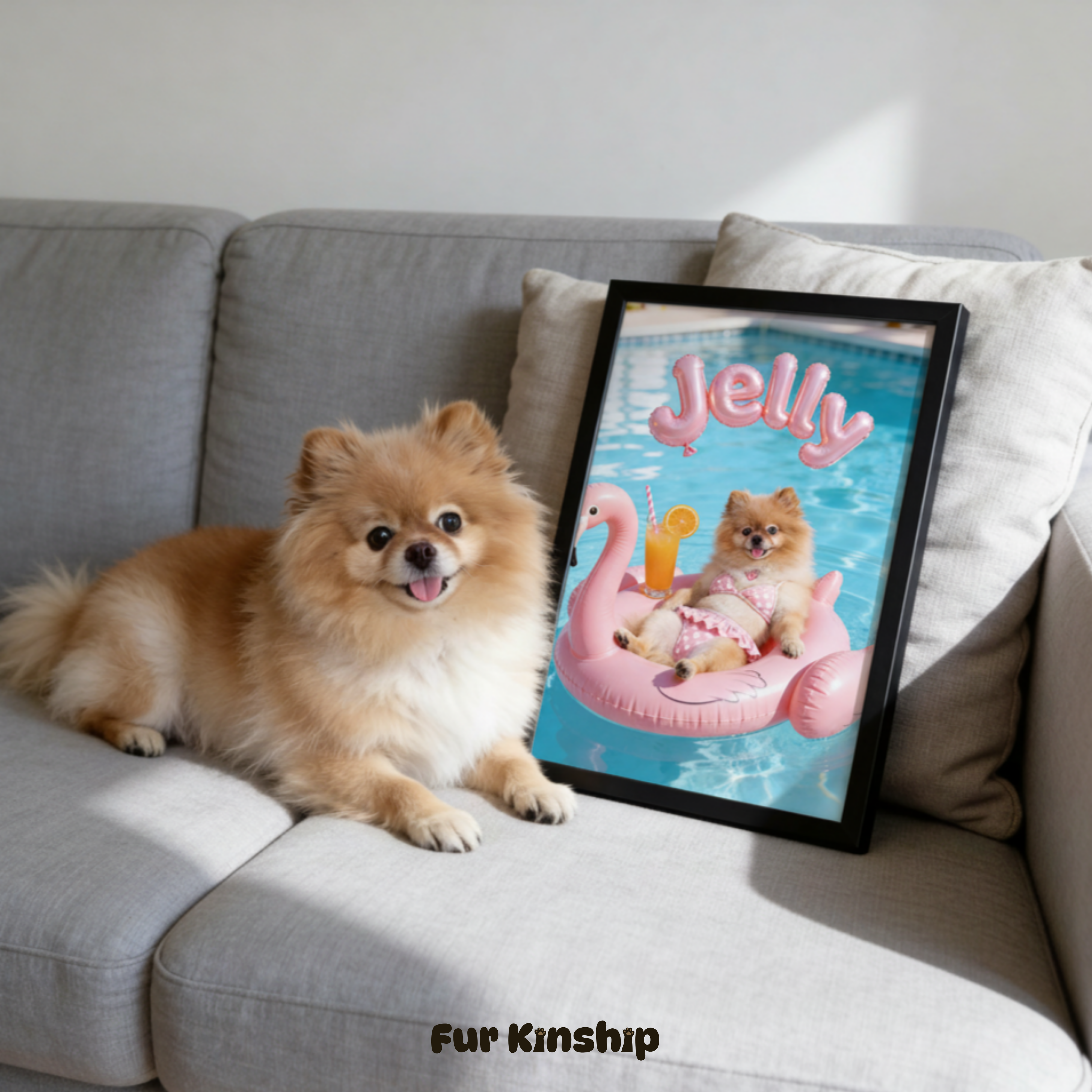 Fur Kinship Custom Summer Pet Portrait from Photo, Personalized Dog & Cat Portrait Poster Print Wall Art for Pet Lovers (Pink Flamingo) (Frame Not Included)