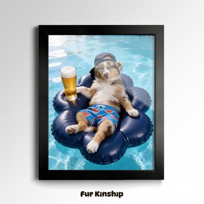 Fur Kinship Custom Summer Pet Portrait from Photo, Personalized Dog & Cat Portrait Poster Print Wall Art for Pet Lovers (Blue Float) (Frame Not Included)