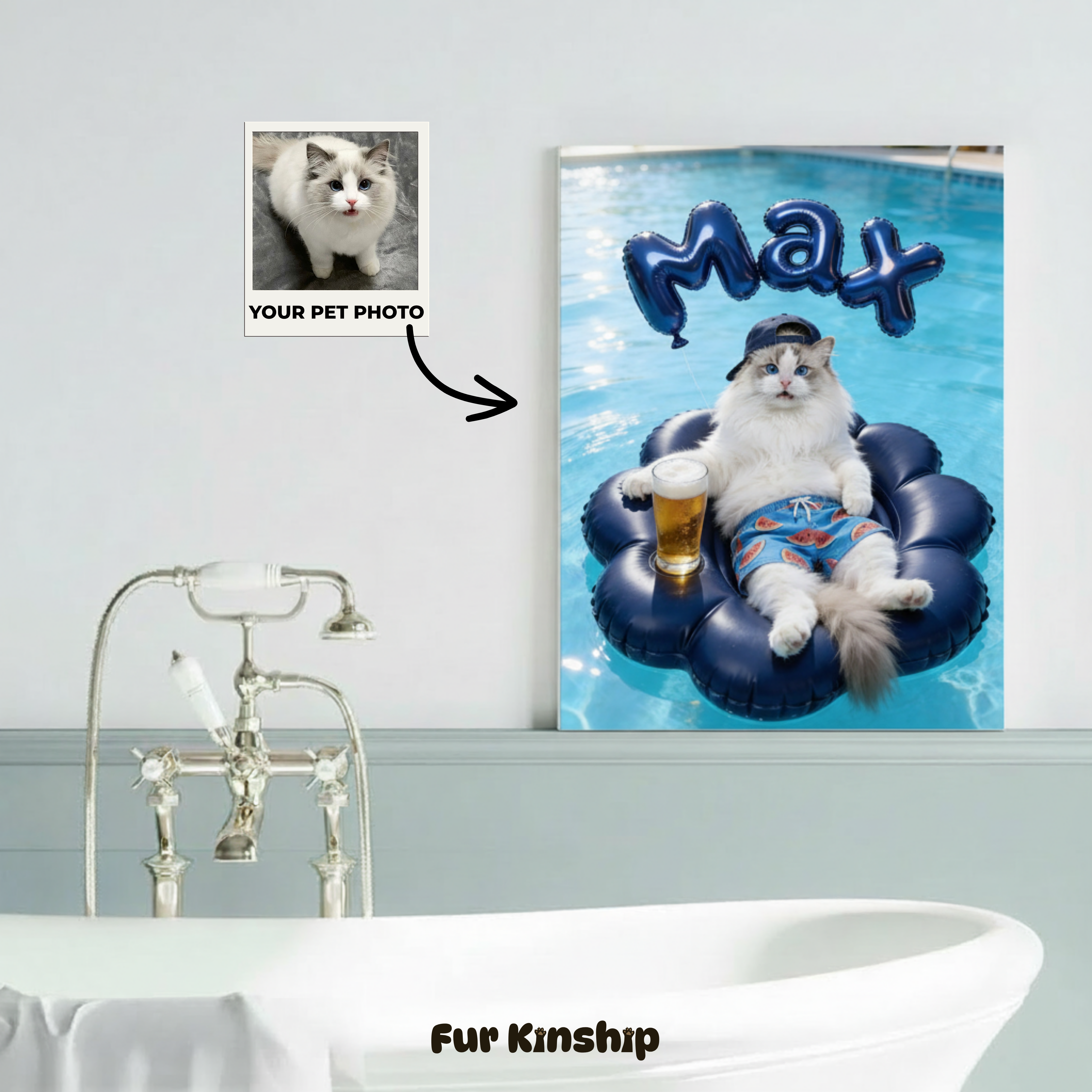 Fur Kinship Custom Summer Pet Portrait from Photo, Personalized Dog & Cat Portrait Poster Print Wall Art for Pet Lovers (Blue Float) (Frame Not Included)