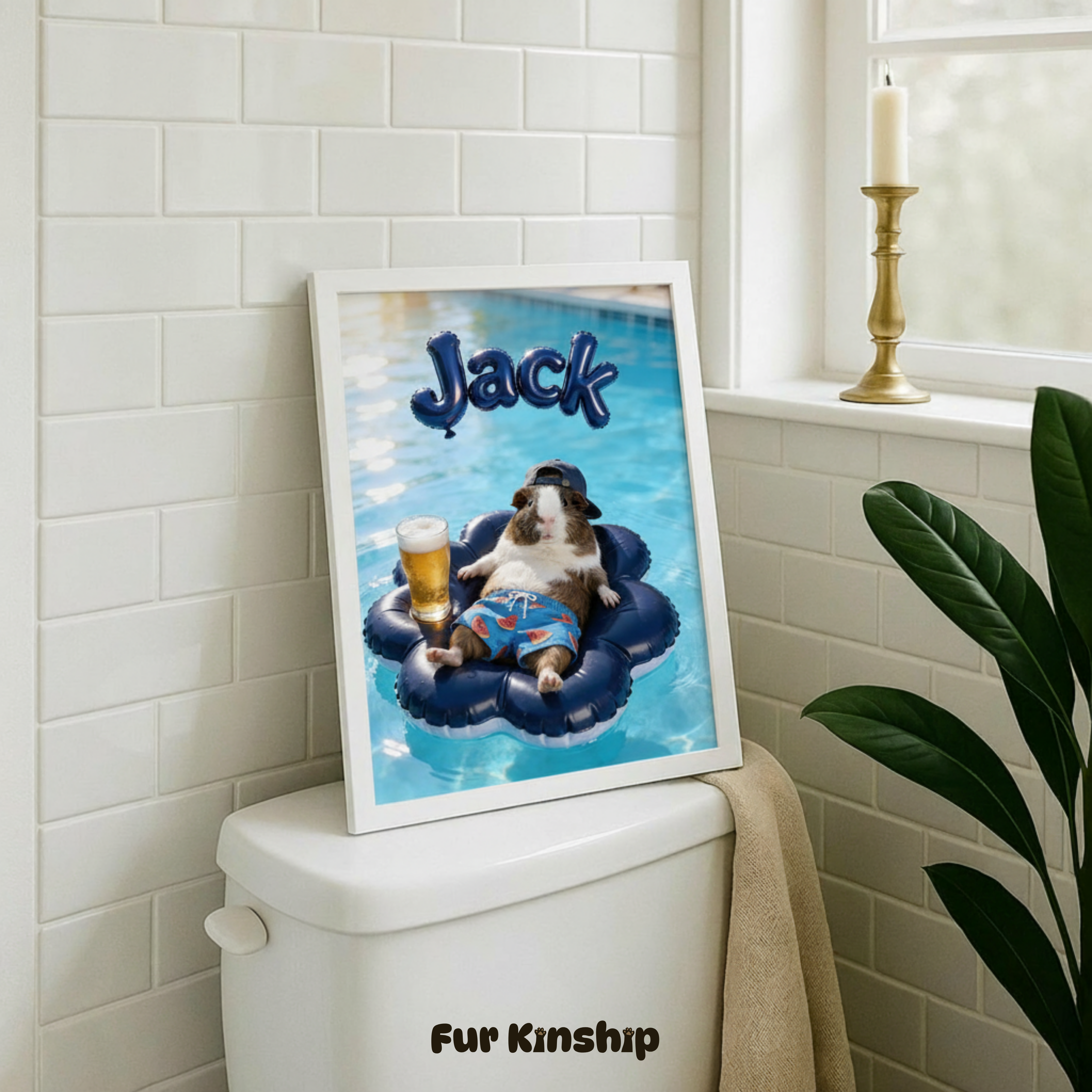 Fur Kinship Custom Summer Pet Portrait from Photo, Personalized Dog & Cat Portrait Poster Print Wall Art for Pet Lovers (Blue Float) (Frame Not Included)